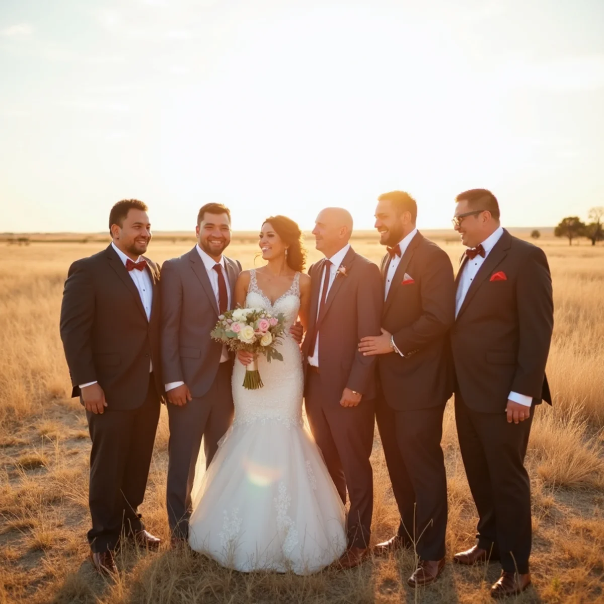 Wedding party photographed on ranch land near Floresville in Wilson County, Texas, under a wide evening sky