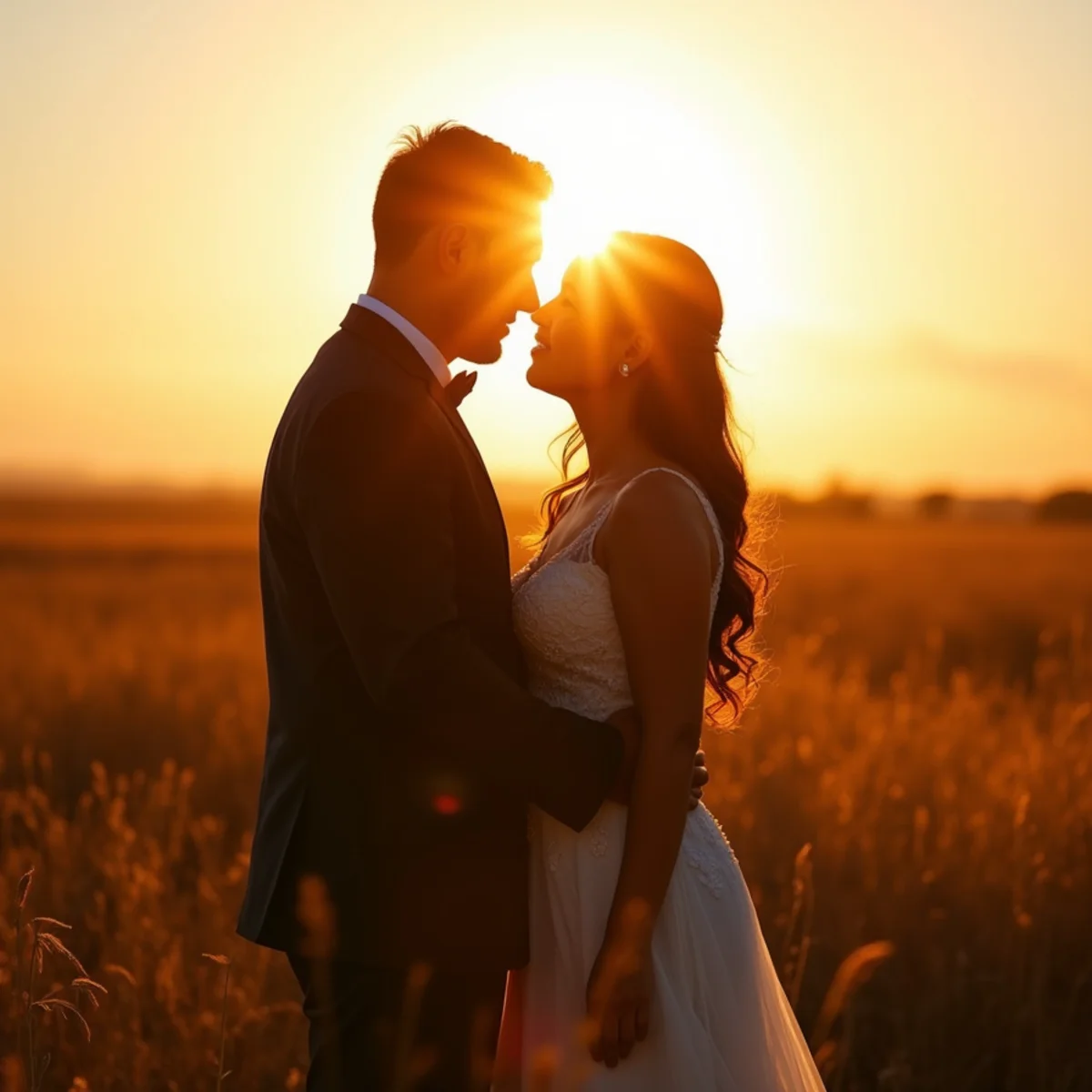 Couple backlit by low golden sunlight during an evening photo session in San Antonio