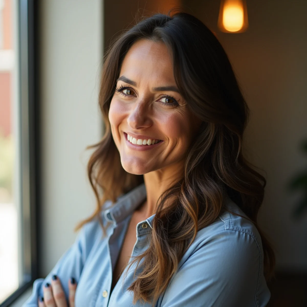 Business owner photographed against window light during a professional headshot session in San Antonio
