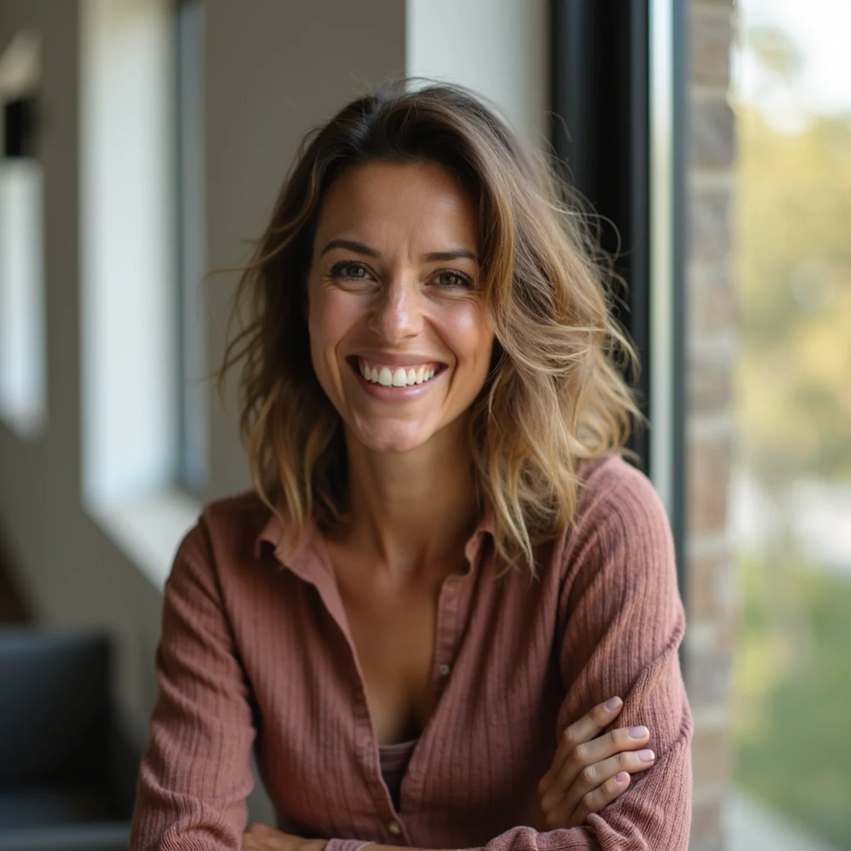 Professional headshot session in San Antonio with a business owner photographed against natural window light