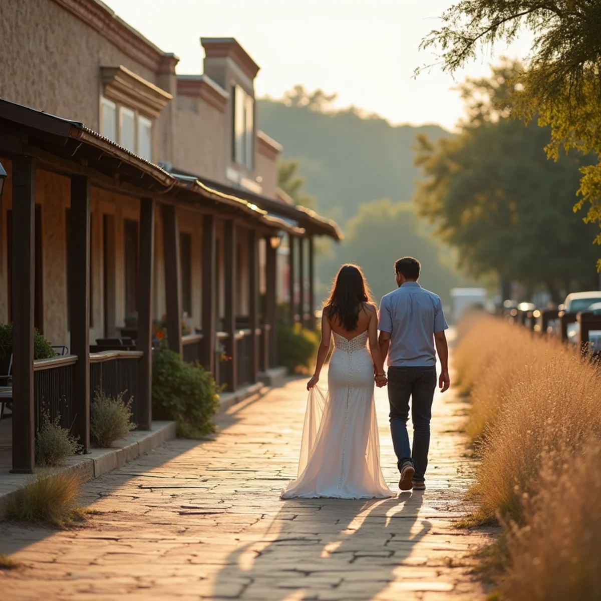 Limestone buildings and wooden porches along Old Town Helotes, Texas