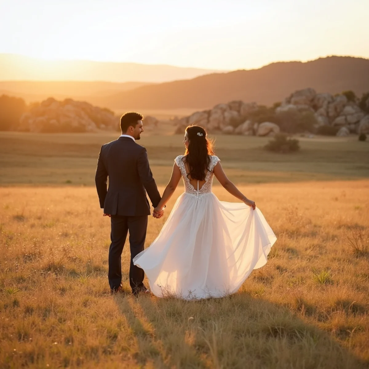 Wedding couple photographed at a Helotes ranch venue with Hill Country landscape behind them at sunset