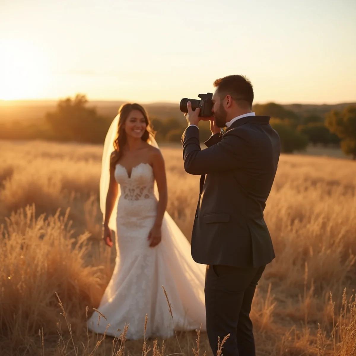 San Antonio wedding photographer capturing a couple during golden hour with the Texas Hill Country behind them