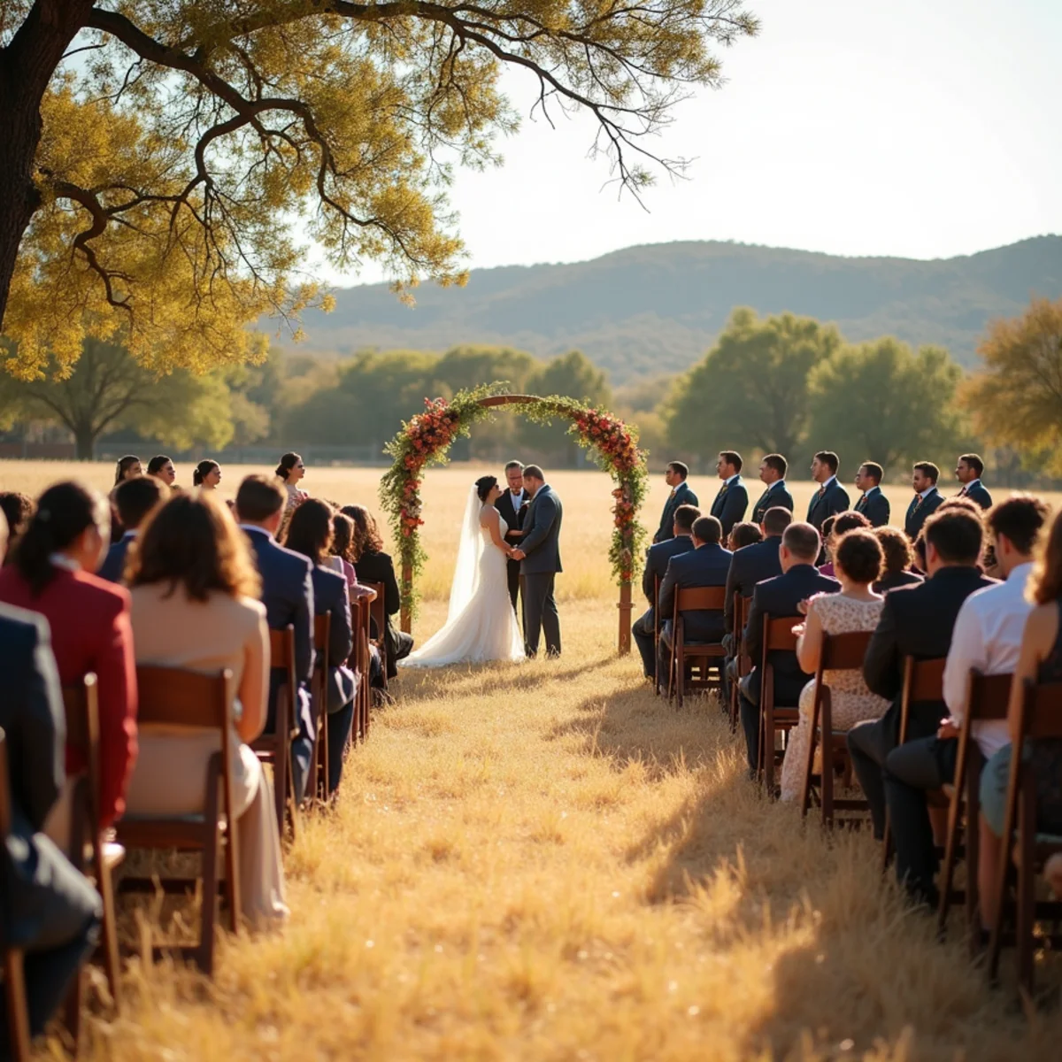 Autumn Saturday wedding ceremony set up outdoors at a Texas Hill Country venue
