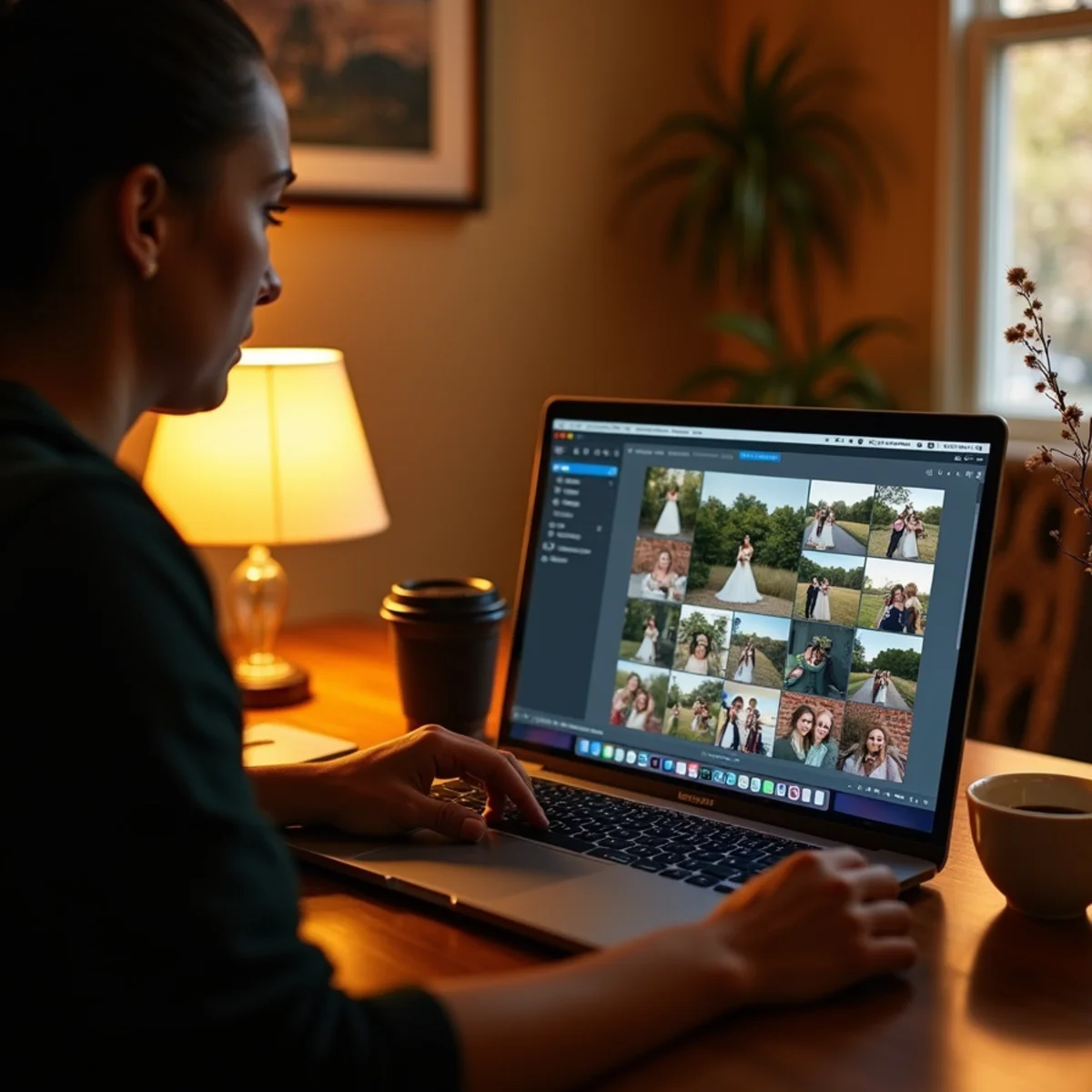 Photographer editing wedding images in a private online gallery on a laptop