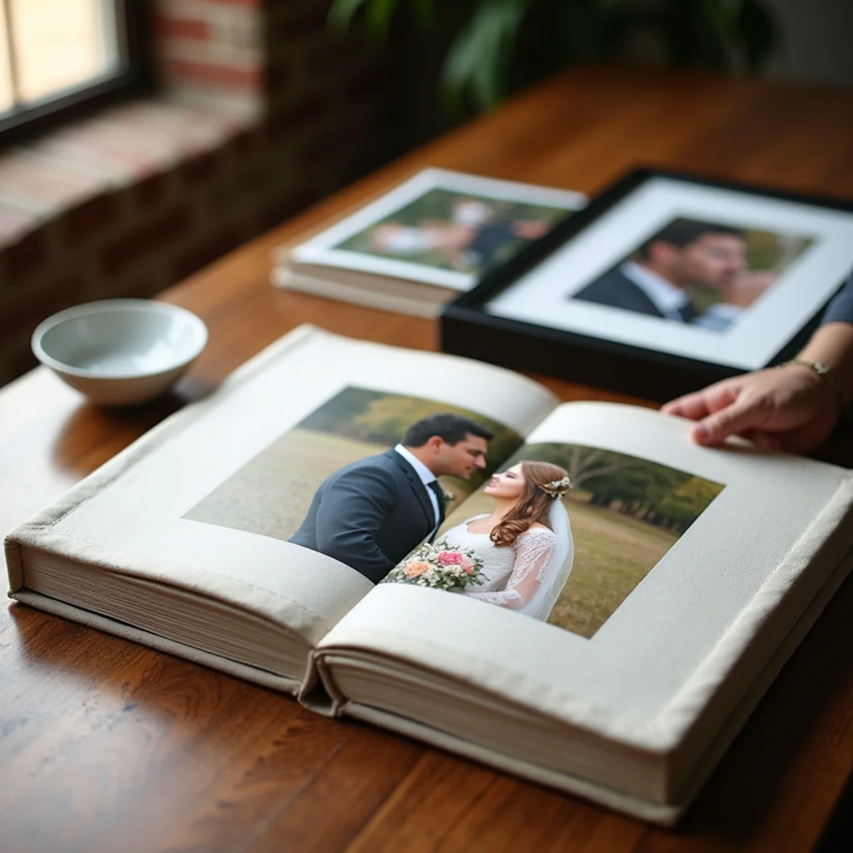 Printed wedding album and framed prints laid out on a table