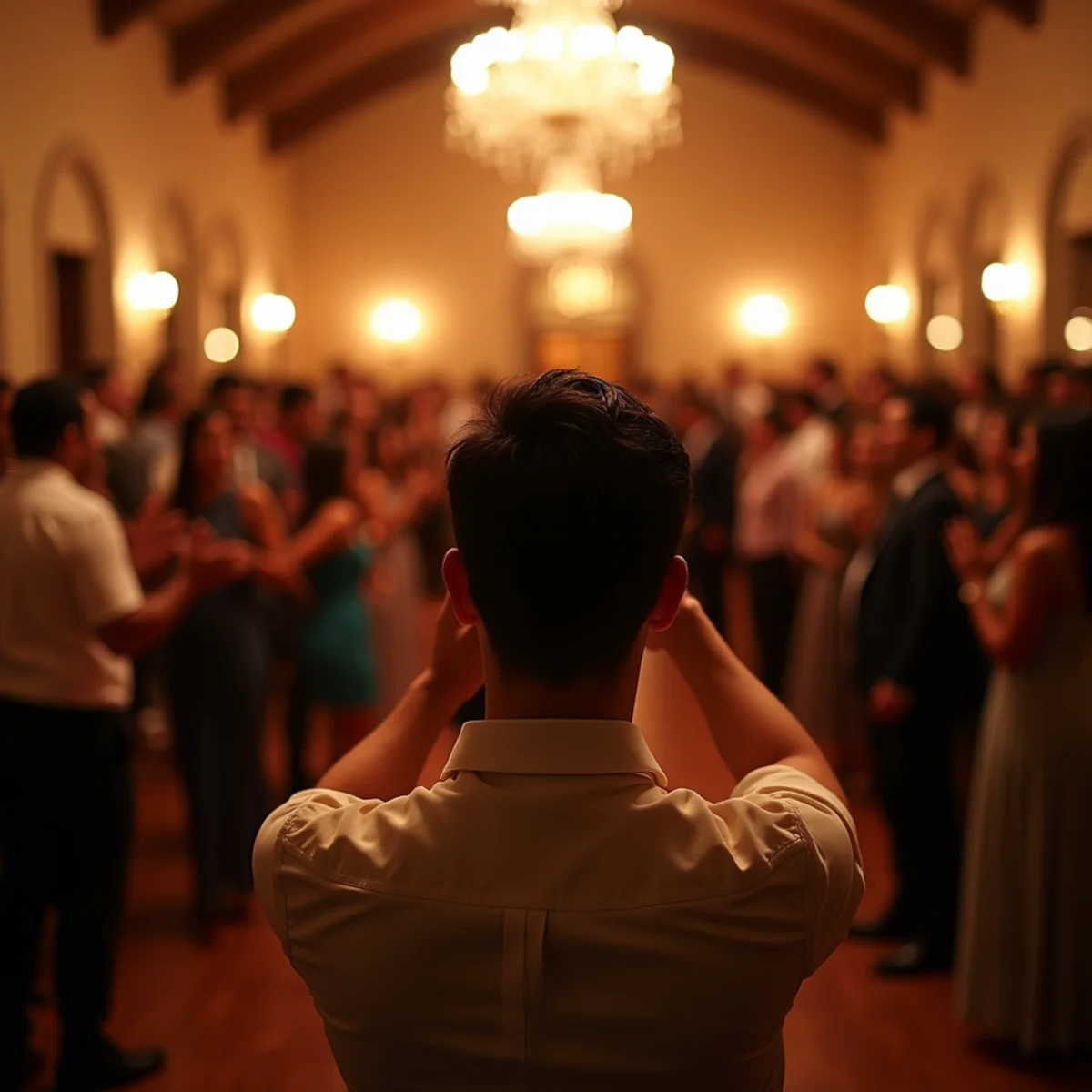 Wedding photographer working during a reception at a San Antonio venue in the evening