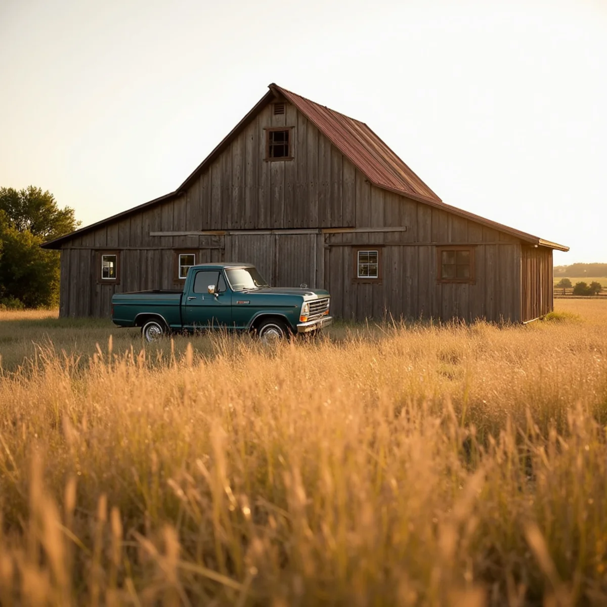 Weathered barn and tall pasture grass on ranch land near La Vernia, Texas