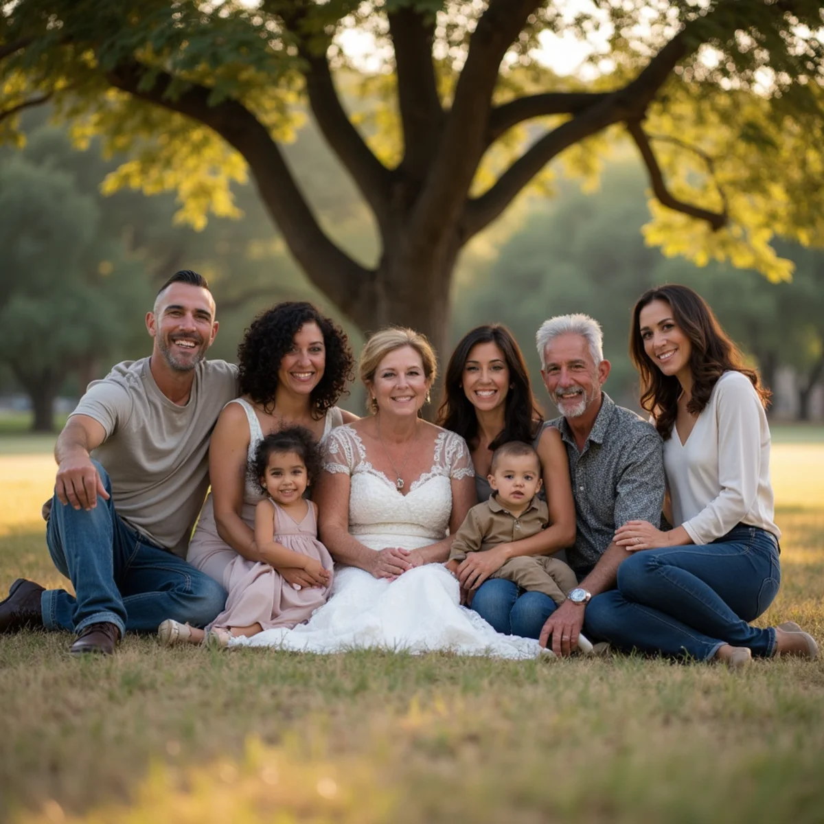 Extended family photographed beside the creek at Raymond Rimkus Park in Leon Valley
