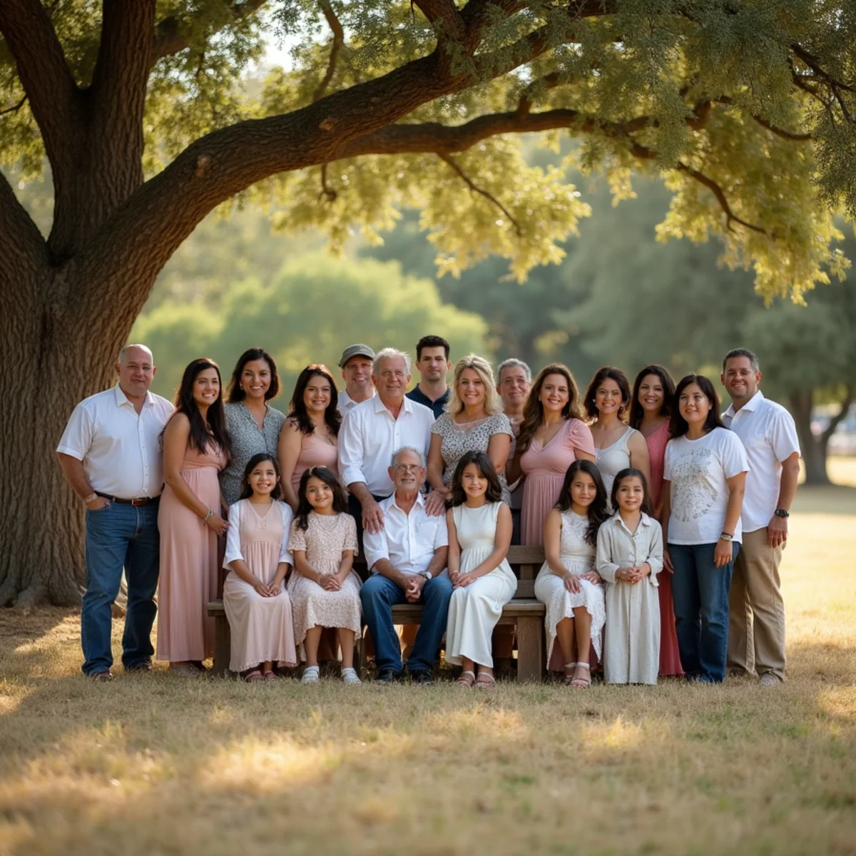 Family photographed beside the creek at Raymond Rimkus Park in Leon Valley, San Antonio, during an evening session