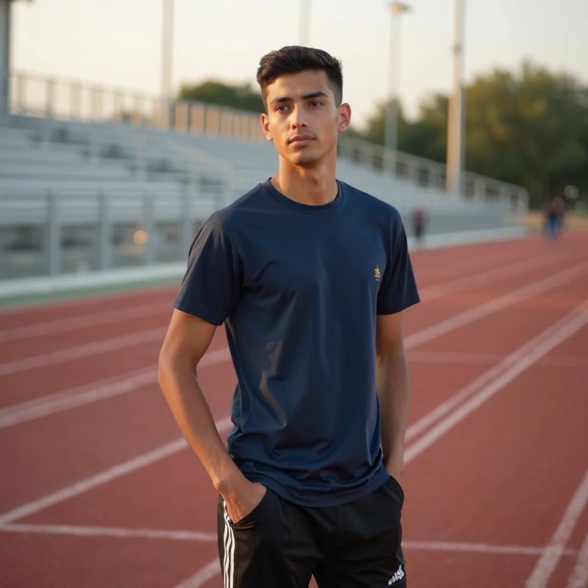 High school senior photographed on a stadium track in Live Oak, north-east San Antonio