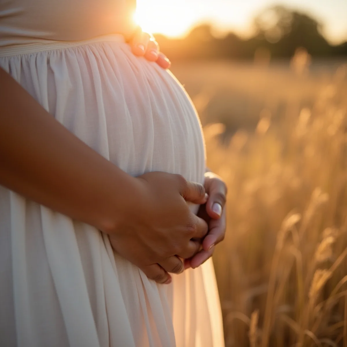 Expectant parents’ hands resting together on the bump during a San Antonio maternity session