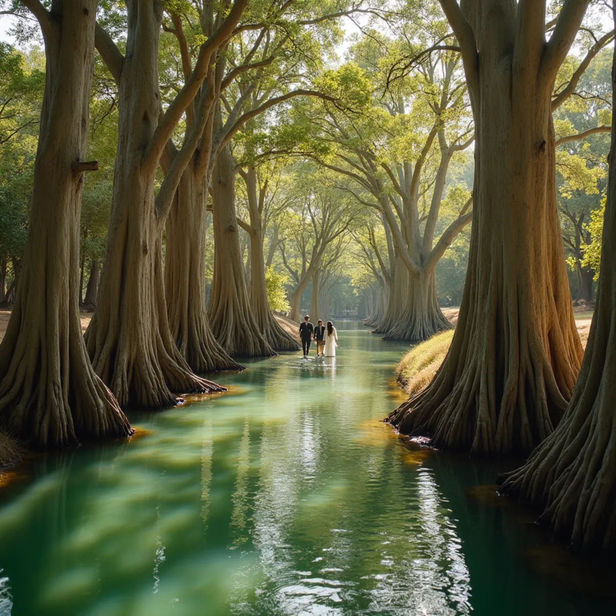 Bald cypress trees along the clear green Comal River at Landa Park in New Braunfels, Texas