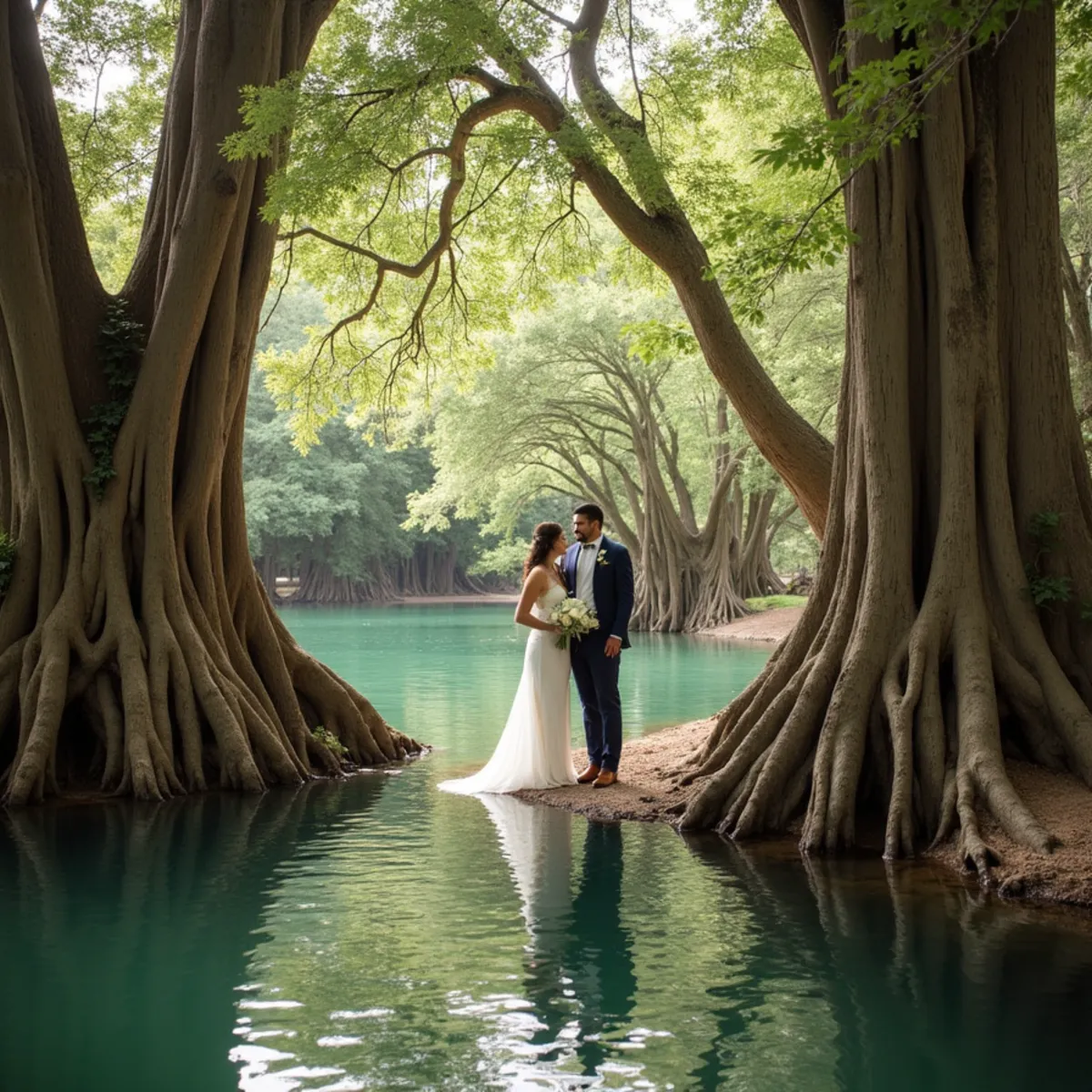 Wedding couple photographed beside cypress trees on the Comal River in New Braunfels, Texas, at golden hour