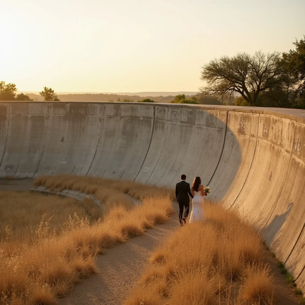 Stone dam wall and open basin field at Olmos Park in San Antonio during late afternoon
