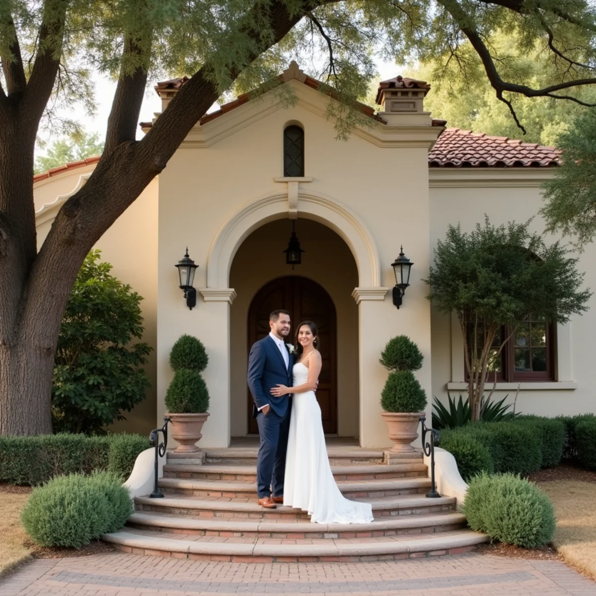 Engaged couple photographed on a tree-lined street in Olmos Park, San Antonio, during an evening session