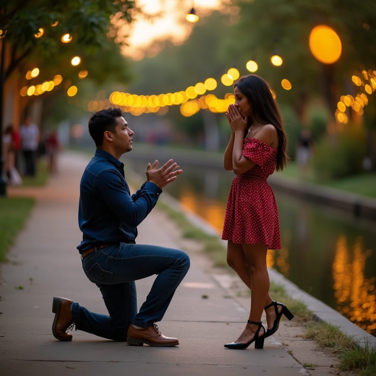 Surprise marriage proposal photographed discreetly along the San Antonio River Walk at sunset