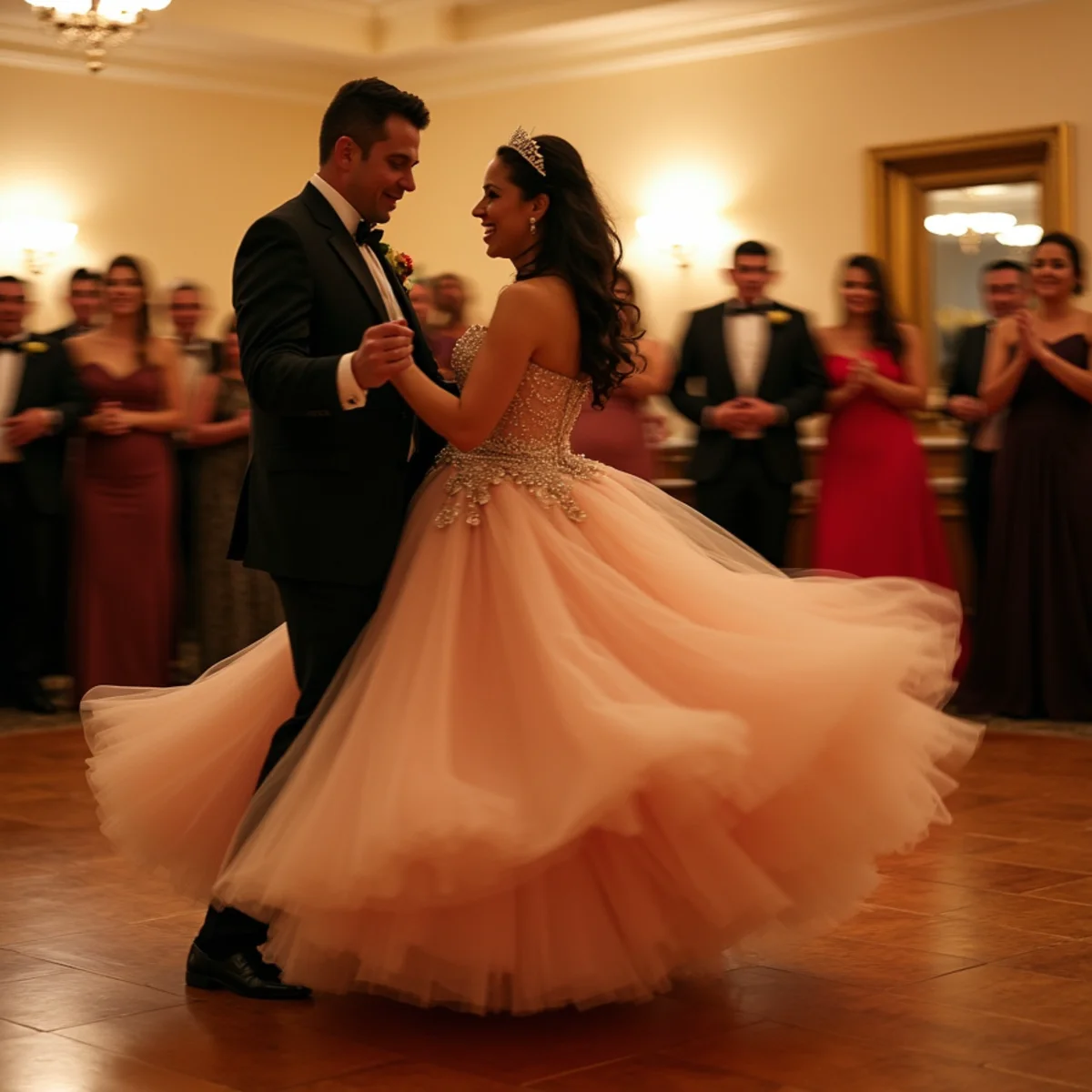 Quinceañera and her court photographed together during the vals at a San Antonio reception