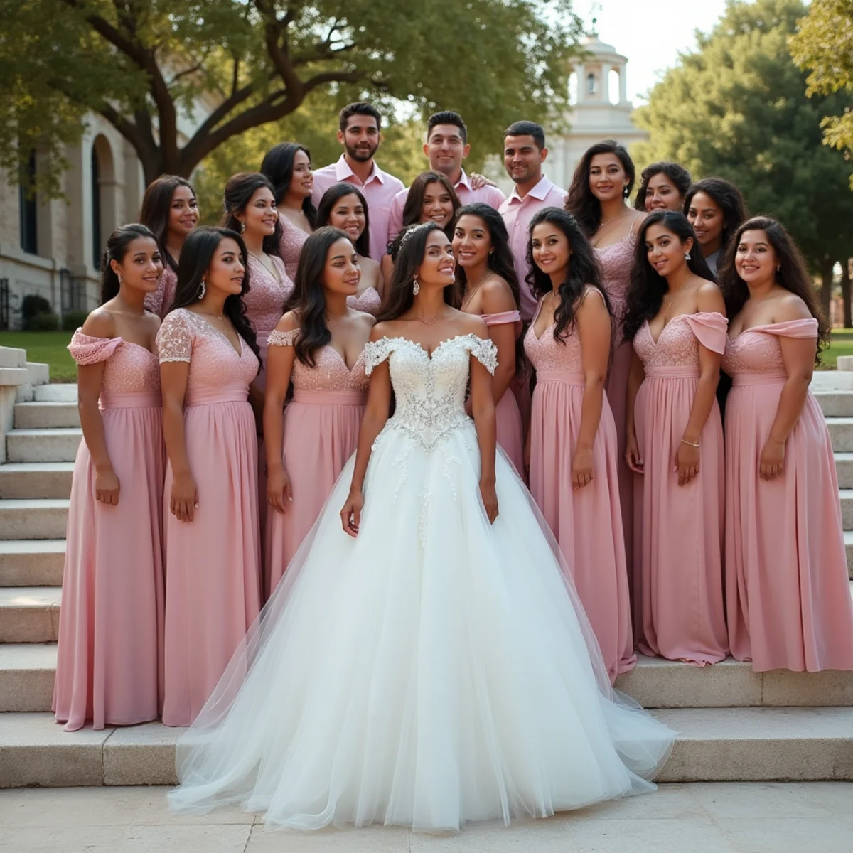 Quinceañera photographed with her full court during formal portraits in San Antonio