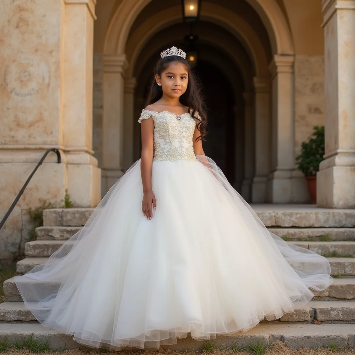 Quinceañera in a formal gown photographed on the steps of a San Antonio mission during her portrait session