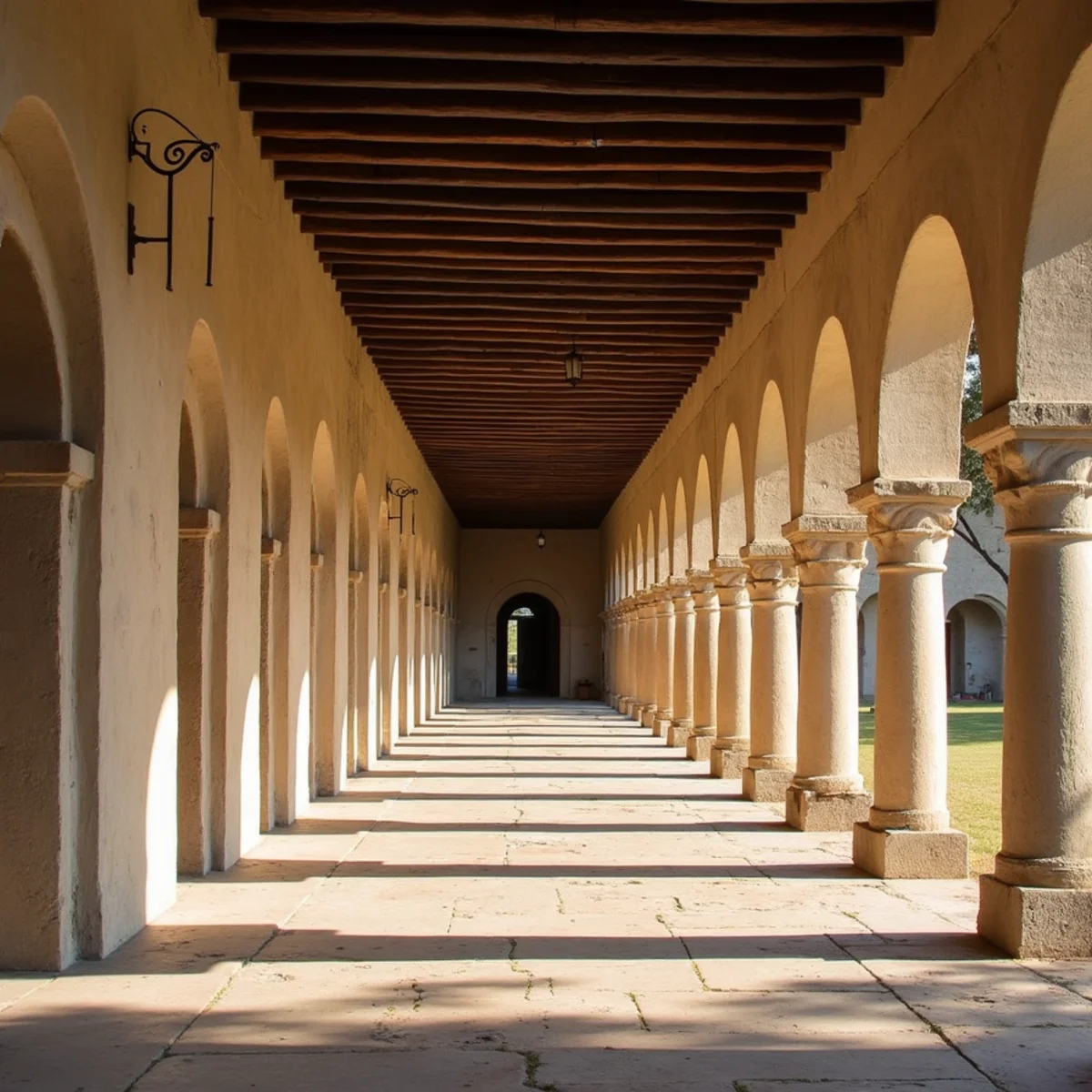 Limestone arcade at Mission San José in San Antonio photographed in late afternoon light