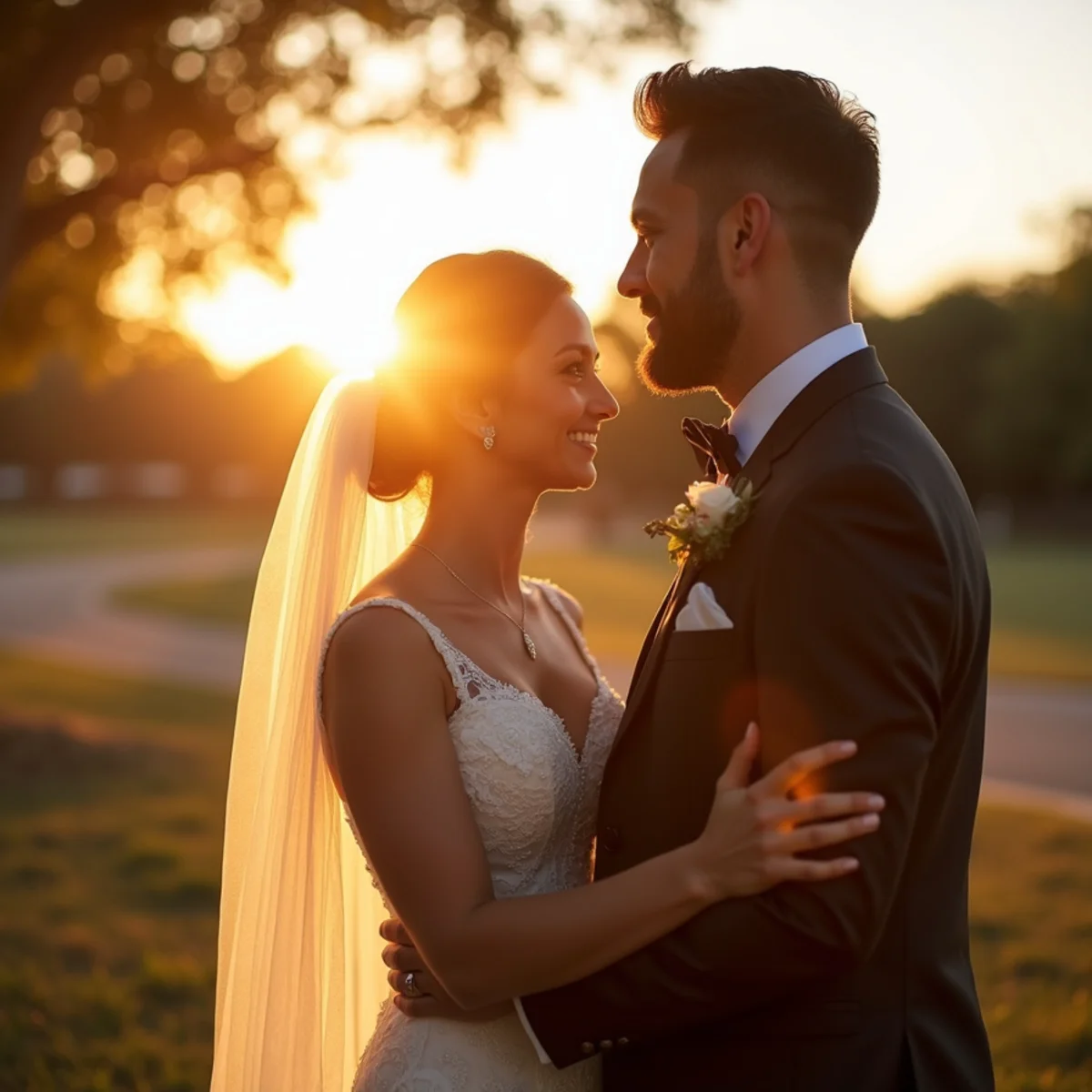 Bride and groom photographed during their sunset portrait window at a San Antonio wedding venue