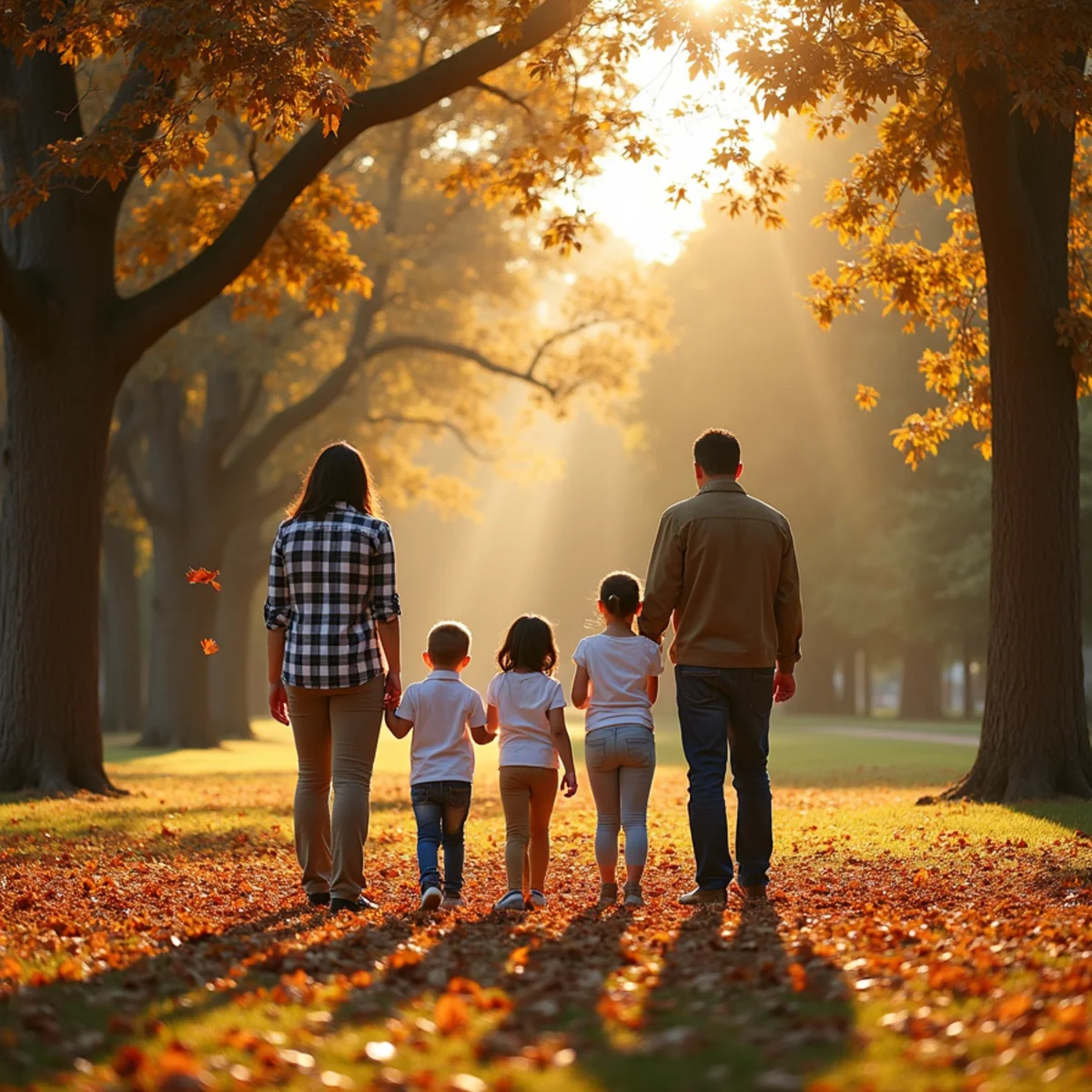 Family photographed among pecan trees at Crescent Bend Nature Park in Schertz, Texas, in late afternoon light