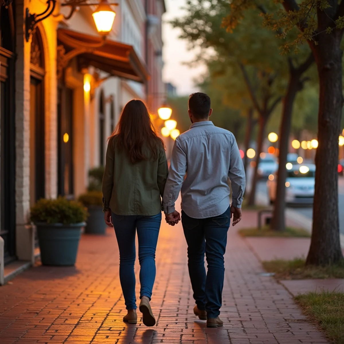 Couple photographed beside the Guadalupe River in Seguin, Texas, with pecan trees behind them at sunset