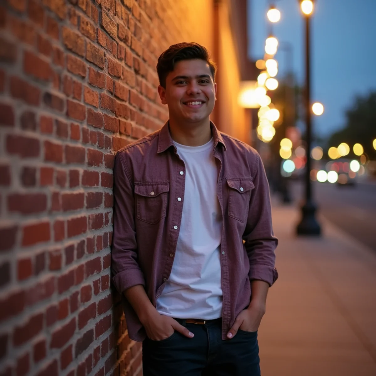 High school senior photographed against a brick wall at the Pearl in San Antonio during an evening session