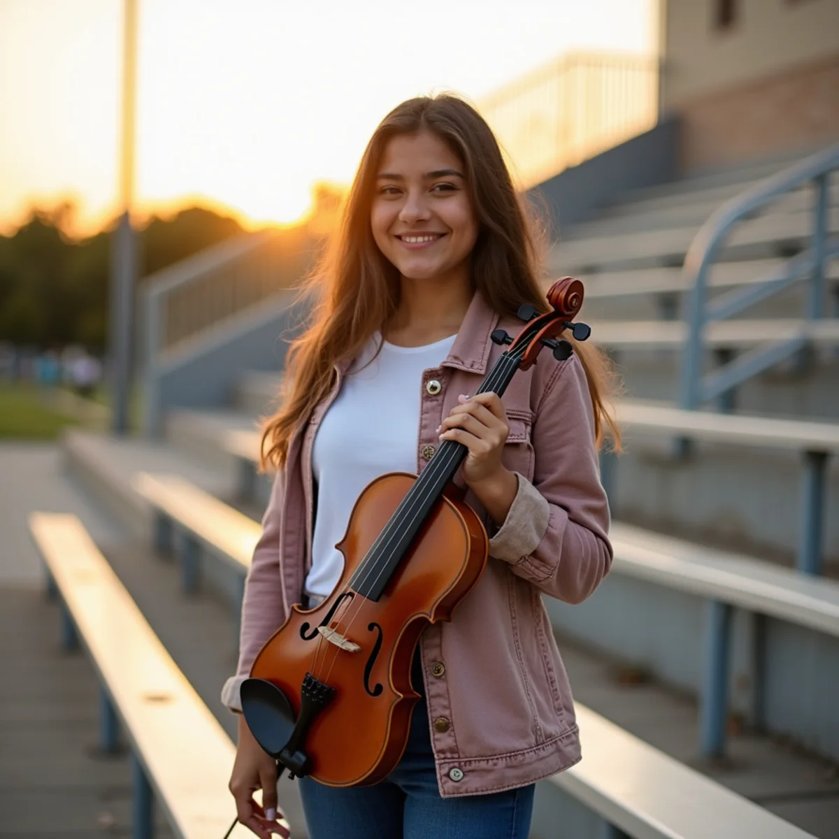 High school senior photographed with her instrument during a San Antonio senior portrait session