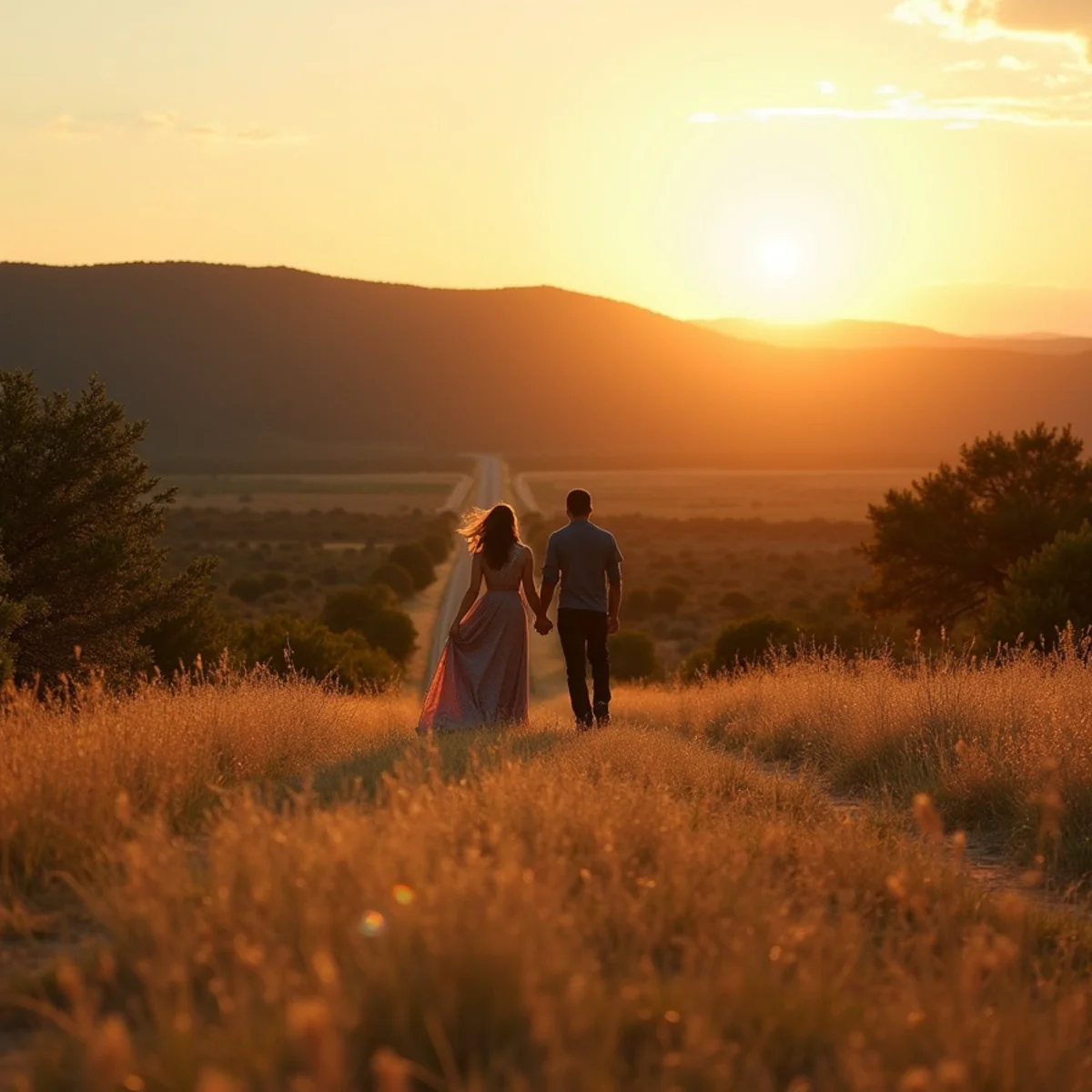 Texas Hill Country landscape near San Antonio photographed at sunset across open pasture