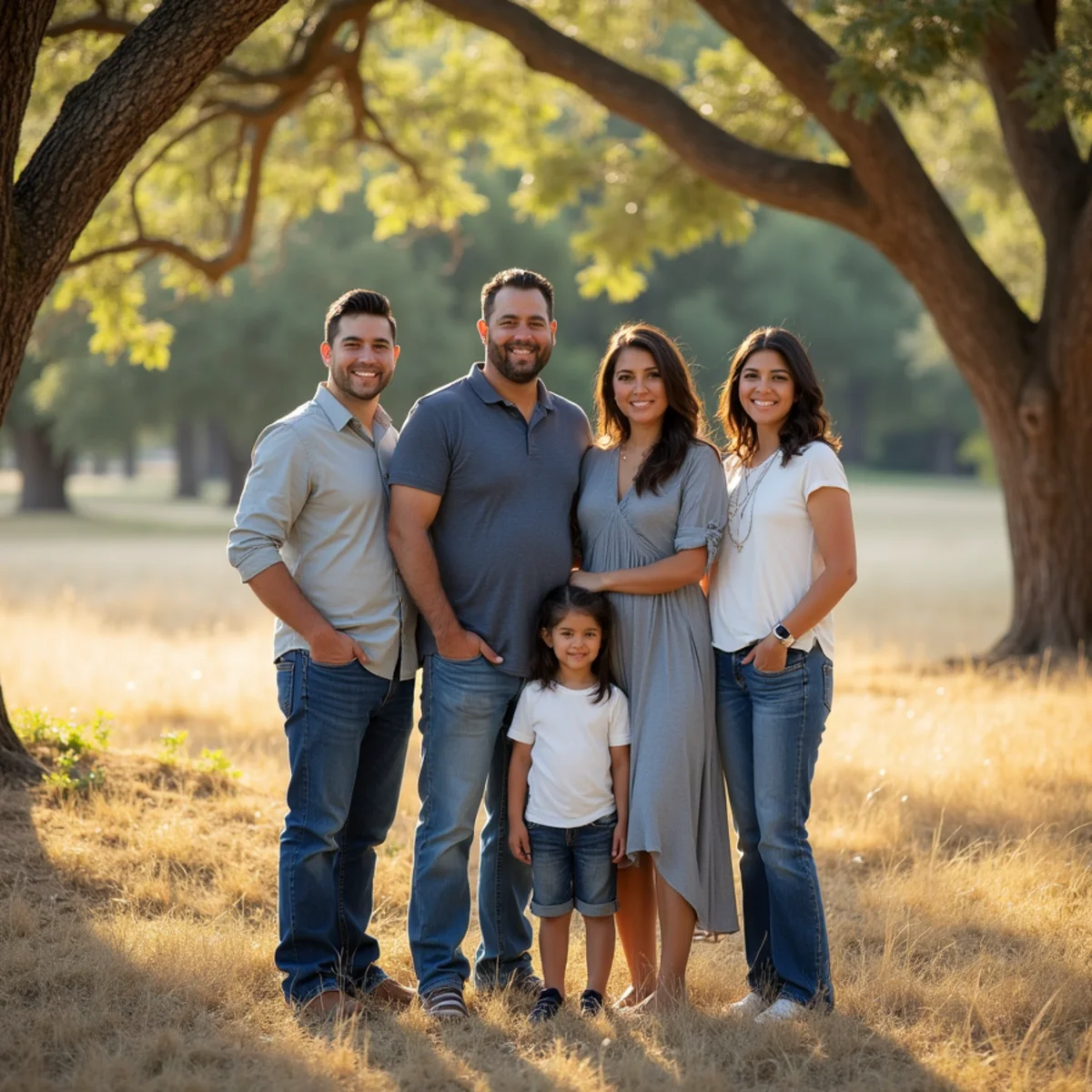 Family portrait session photographed on a wooded property in Shavano Park, San Antonio, in late afternoon light