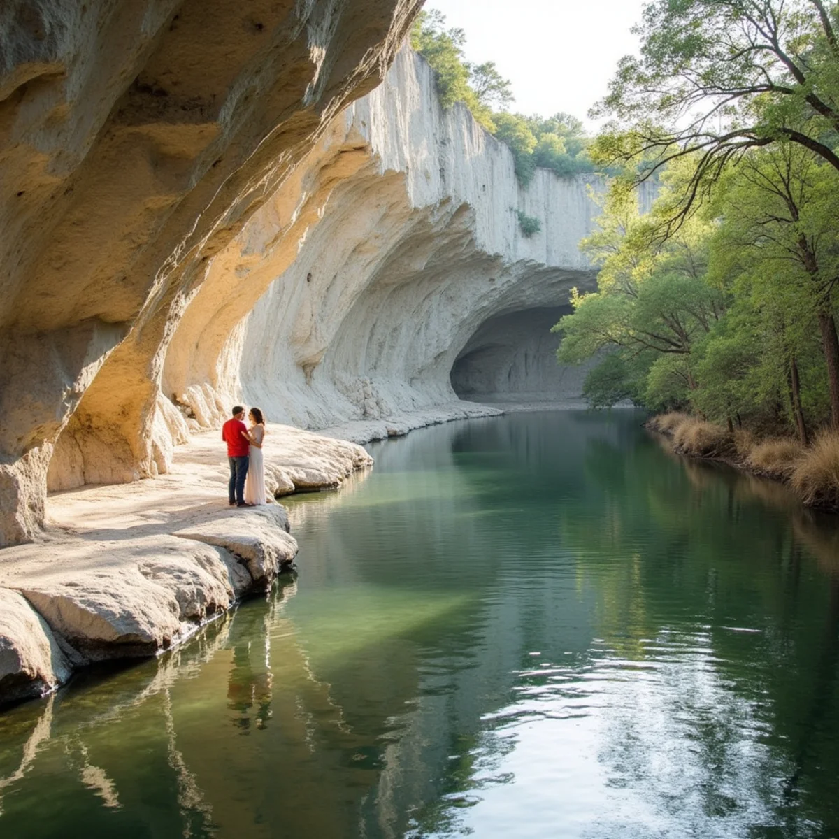 Limestone bluffs and bald cypress along the Guadalupe River near Spring Branch, Texas