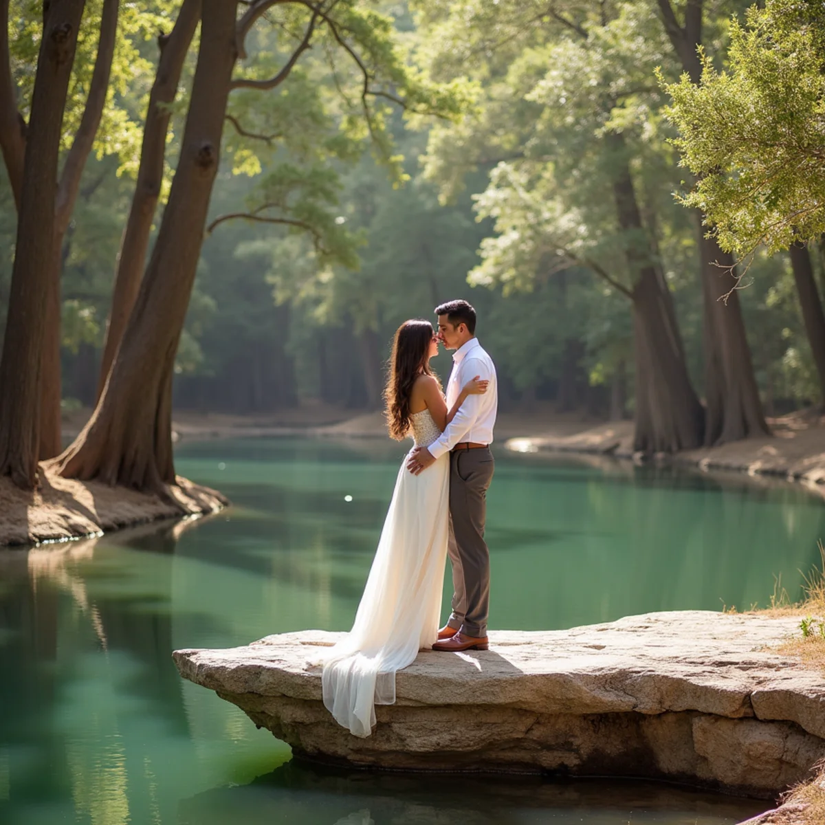 Couple photographed beside cypress trees and limestone bluffs on the Guadalupe River near Spring Branch, Texas