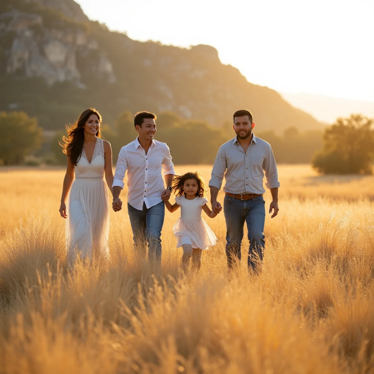 Family photographed on the meadow at Phil Hardberger Park near Stone Oak, San Antonio, at golden hour