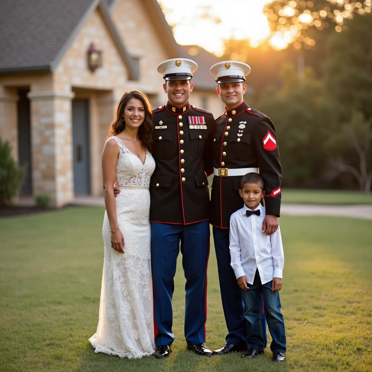 Military family photographed together in Terrell Hills near Fort Sam Houston during an evening portrait session