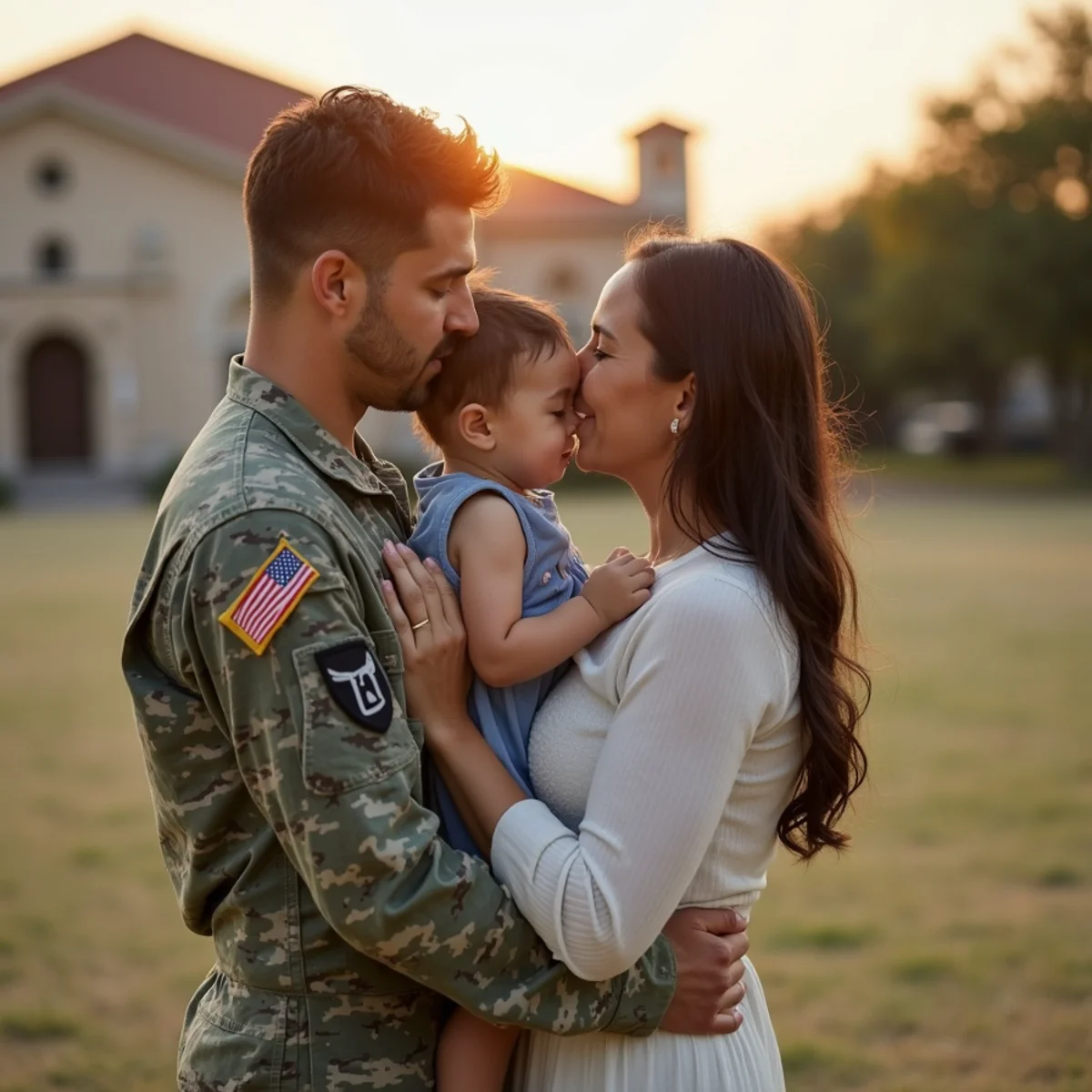 Air Force family embracing during a homecoming photographed in Universal City near Randolph AFB