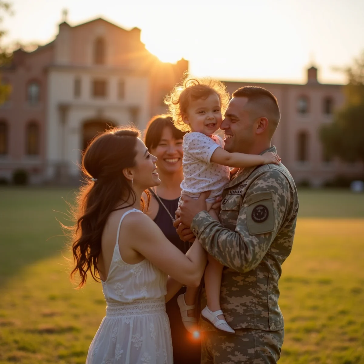 Air Force family photographed together in Universal City near Randolph Air Force Base at sunset