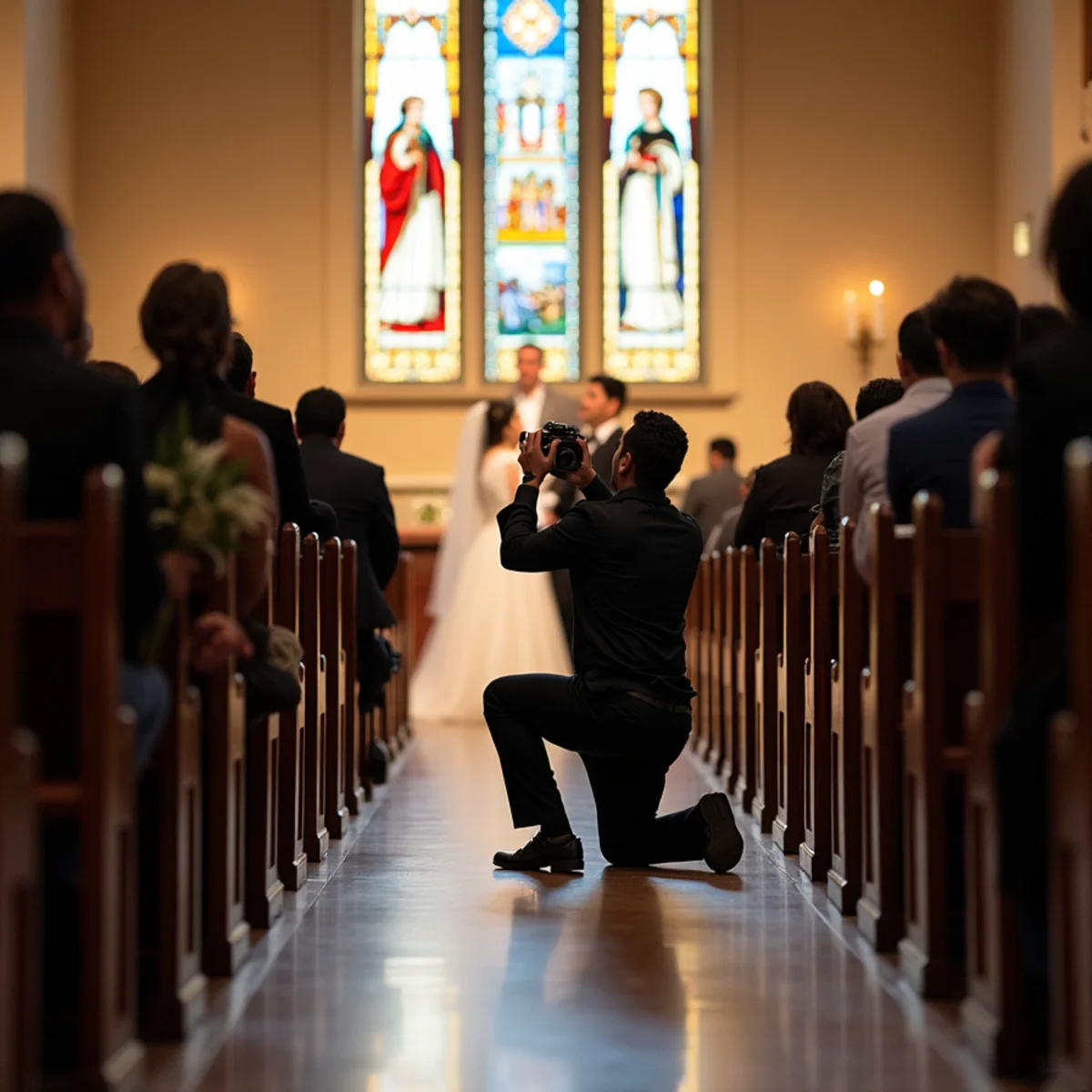 Wedding photographer covering the ceremony from the side aisle of a San Antonio church