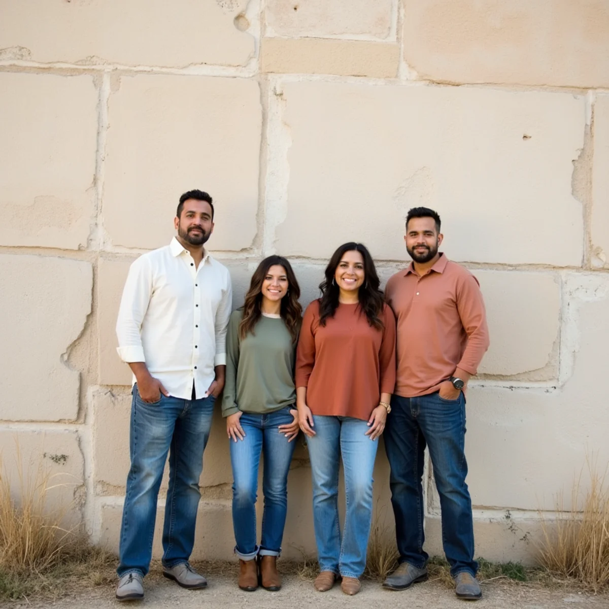 Family in coordinated neutral outfits photographed against limestone in San Antonio during a portrait session