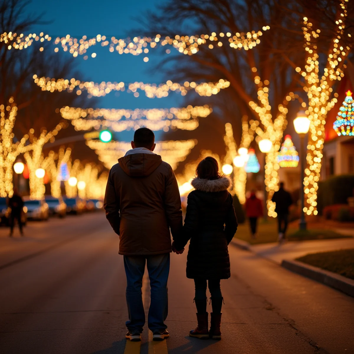 Houses covered in Christmas light displays on a Windcrest street in San Antonio during December