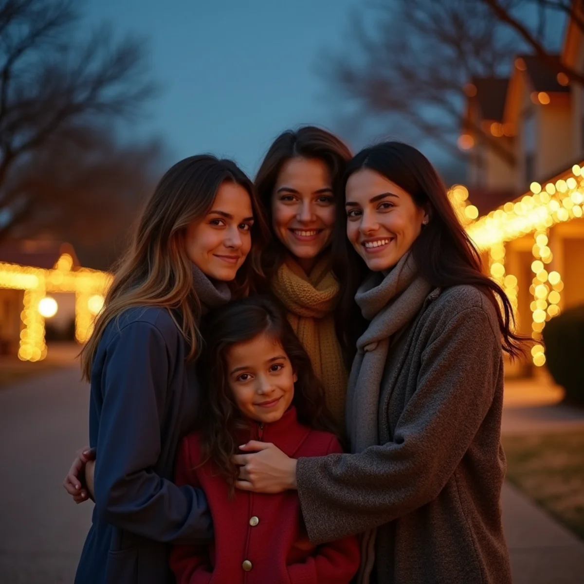 Family photographed in front of Christmas light displays in Windcrest, San Antonio, during a December evening session